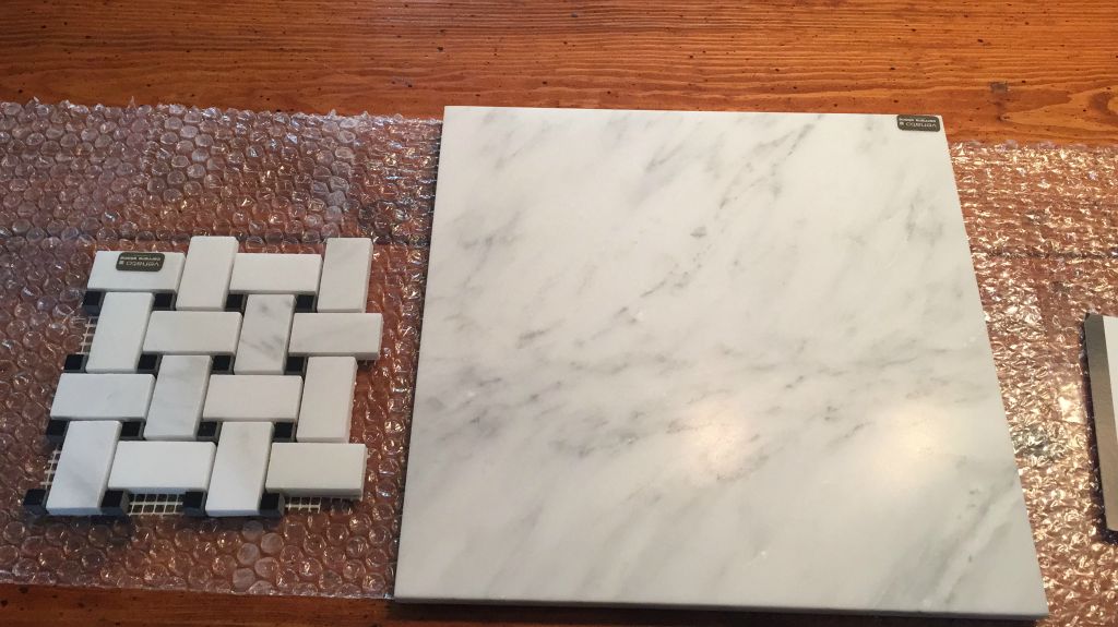 These are the tile samples that we like for the bathroom renovation. - Jan 2017