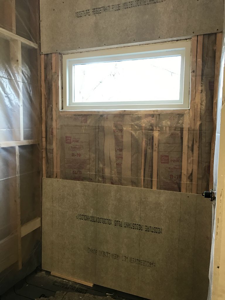 Shower walls insulated, vinyl membrane installed and cement board being installed - 25 Mar