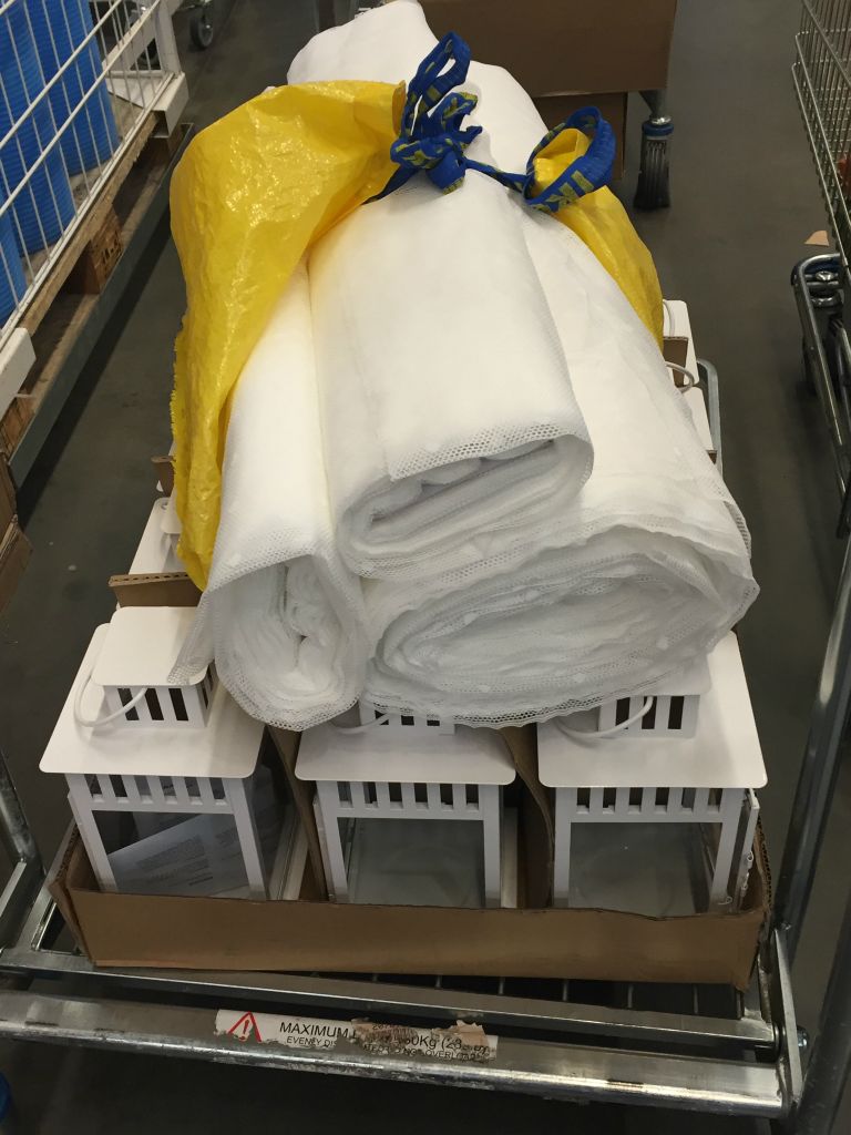 Our IKEA purchases - all the lace in the place and a bunch of lanterns!