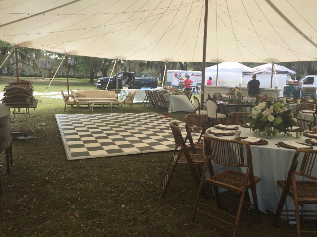 The marquee for the reception begins to take shape
