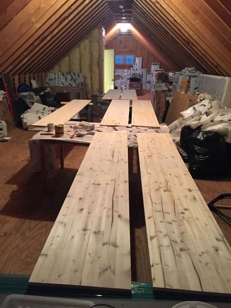 The boards for the closet renovation are laid out ready for staining and polyurethane - 19 Apr
