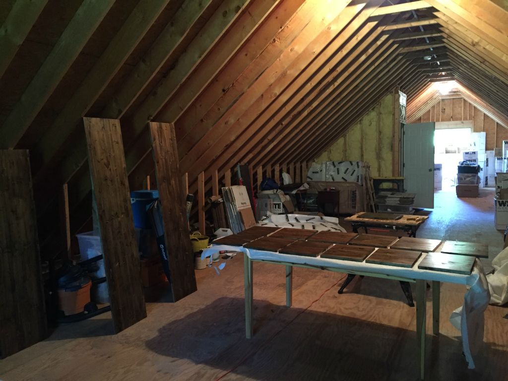 Boards for closet all cut to length and polyurethane being applied - 3 coats front and back - 23 Apr