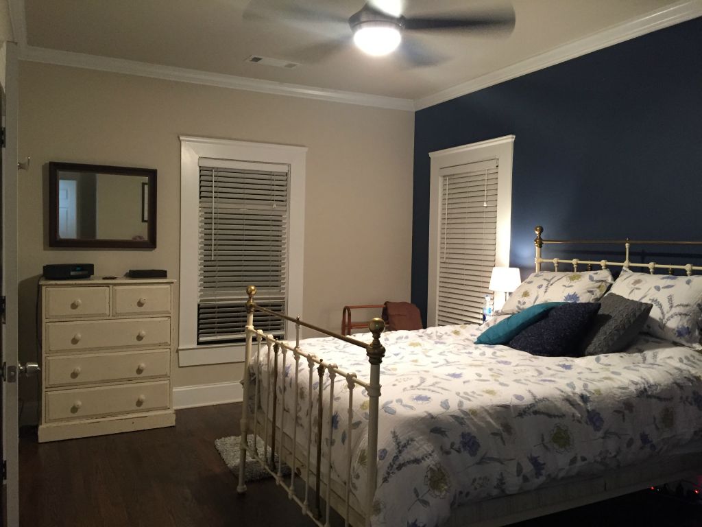 The bedroom is painted (well, except for the woodwork).  Much brighter, even with the dark blue wall. - 22 May